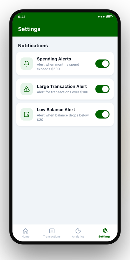 ZivaPay+ spending alerts settings